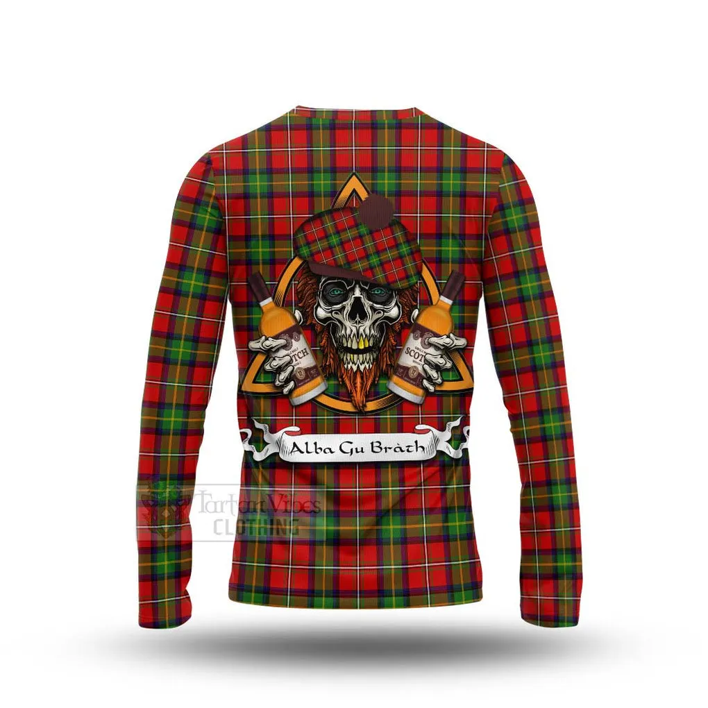 Boyd Tartan Long Sleeve T-Shirt with Family Crest and Bearded Skull Holding Bottles of Whiskey