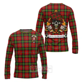 Boyd Tartan Long Sleeve T-Shirt with Family Crest and Bearded Skull Holding Bottles of Whiskey