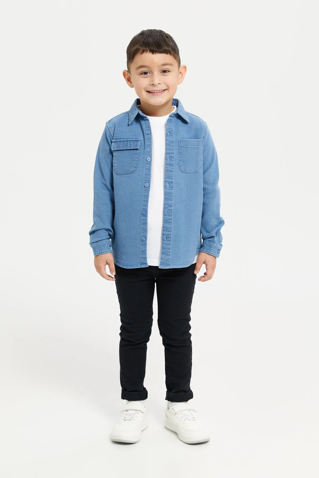 Boys Blue Knit Denim Shirt And T-Shirt Set (2 Piece)