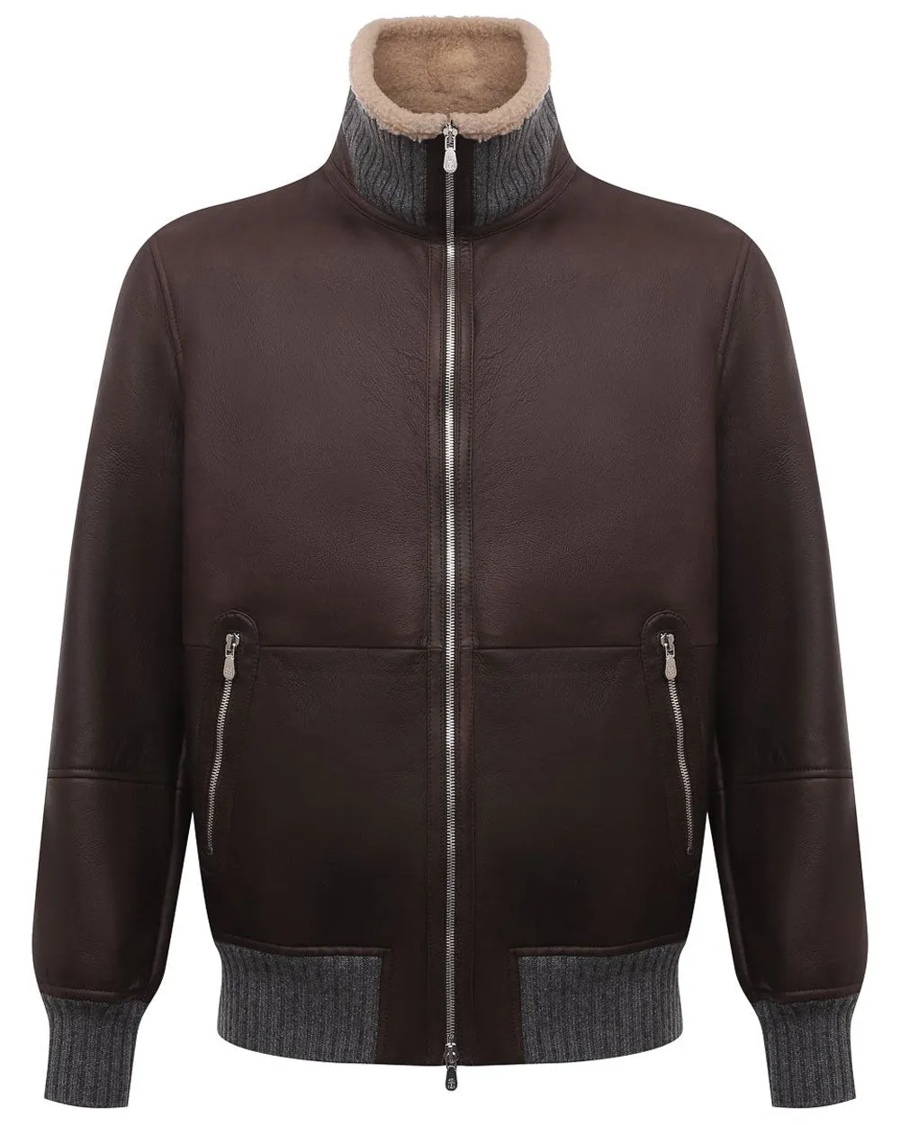 Brown Lambskin Leather and Shearling Bomber Jacket