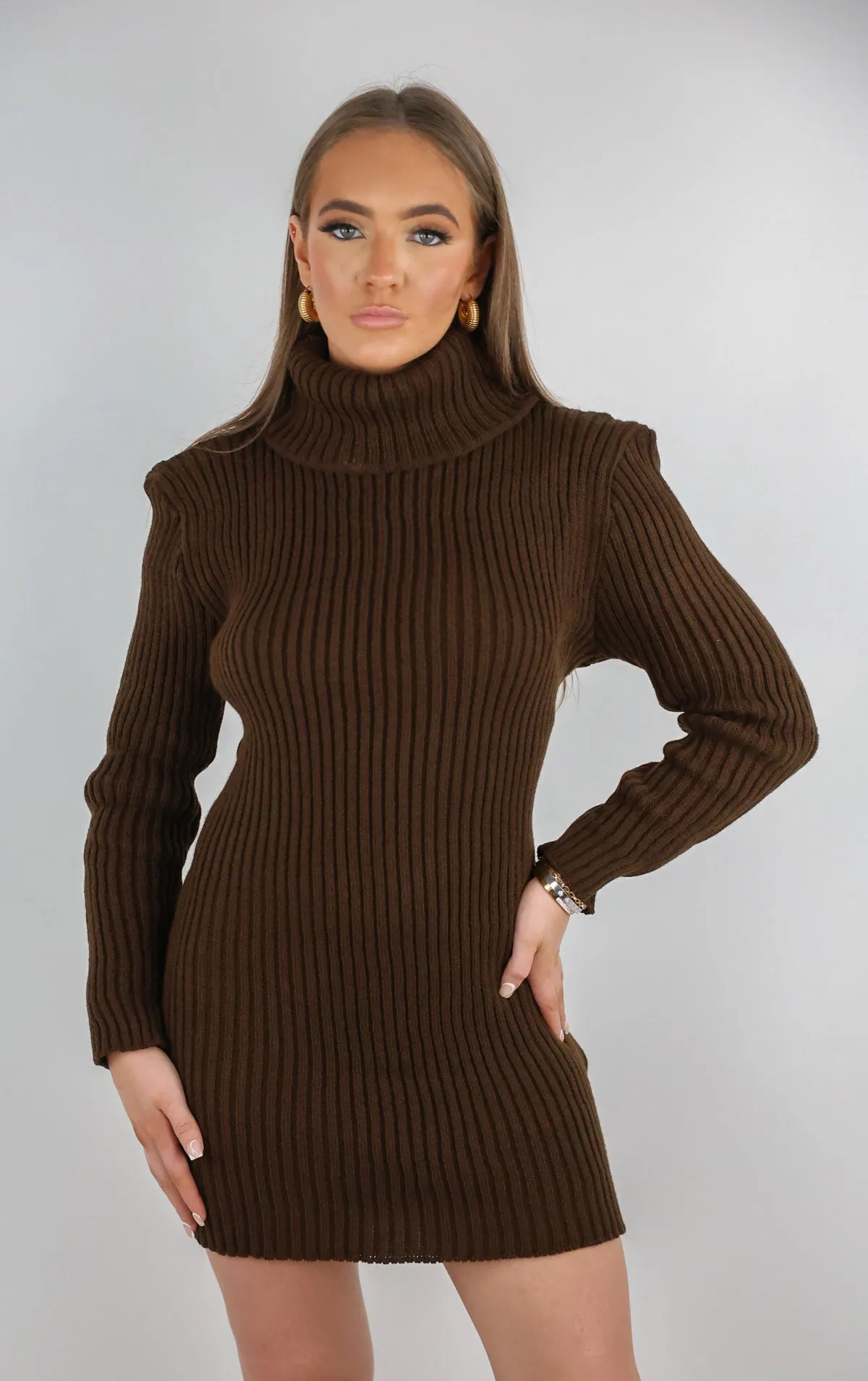 Brown Turtle Neck Knit Jumper Dress