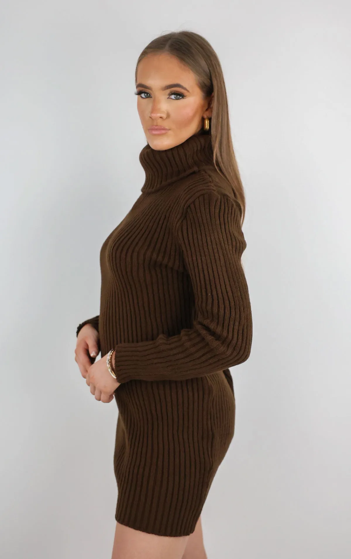 Brown Turtle Neck Knit Jumper Dress