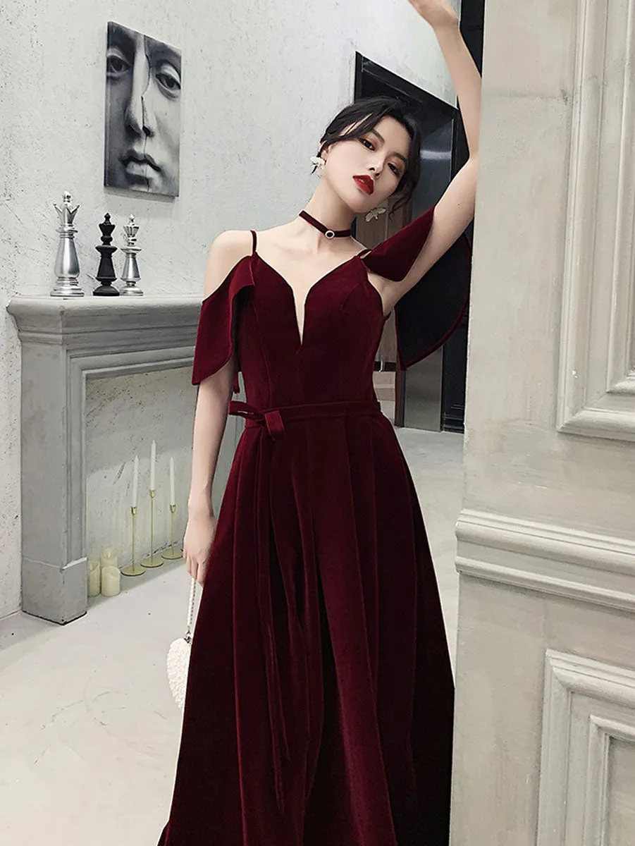 Burgundy Off Shoulder Velvet Long Prom Dress, Burgundy Formal Evening Dresses