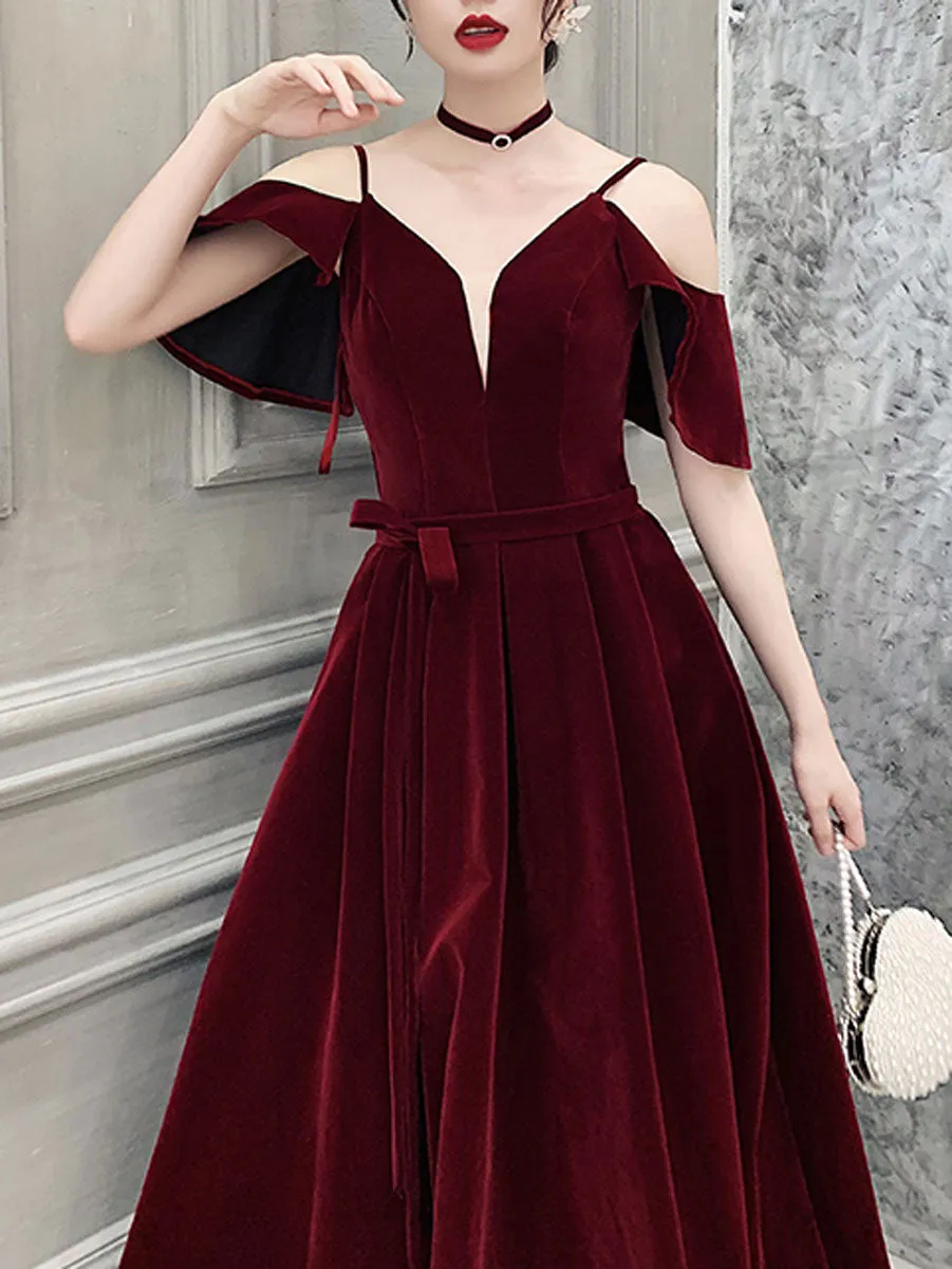 Burgundy Off Shoulder Velvet Long Prom Dress, Burgundy Formal Evening Dresses