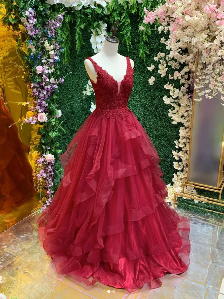 Burgundy v neck tulle lace long prom dress, burgundy evening dress