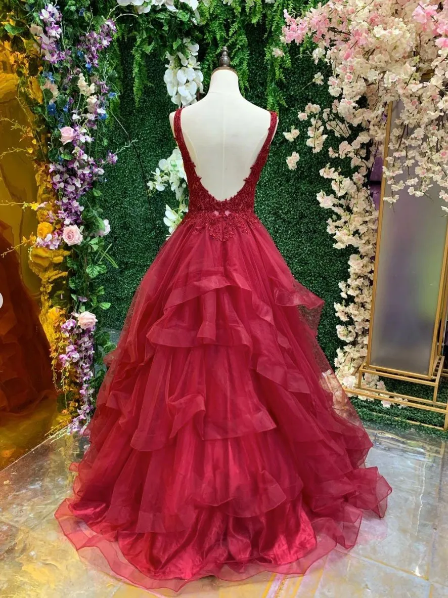 Burgundy v neck tulle lace long prom dress, burgundy evening dress