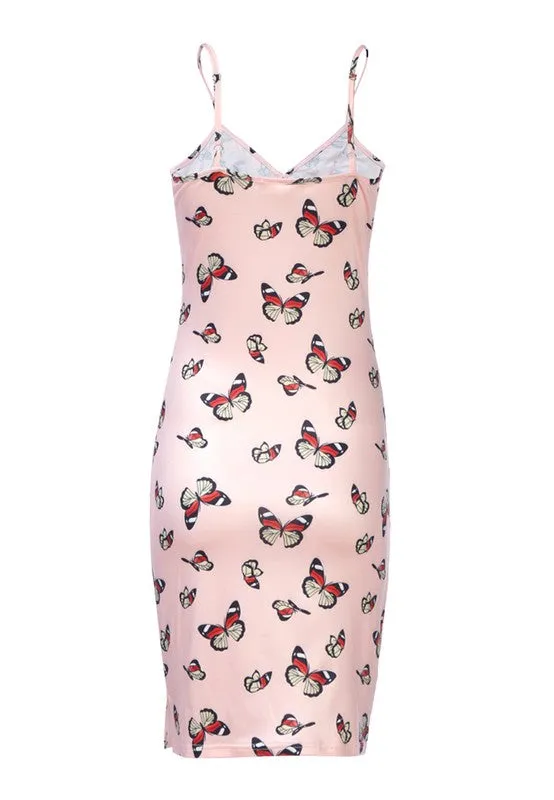 Butterfly Print Spaghetti Evening Slip Dress