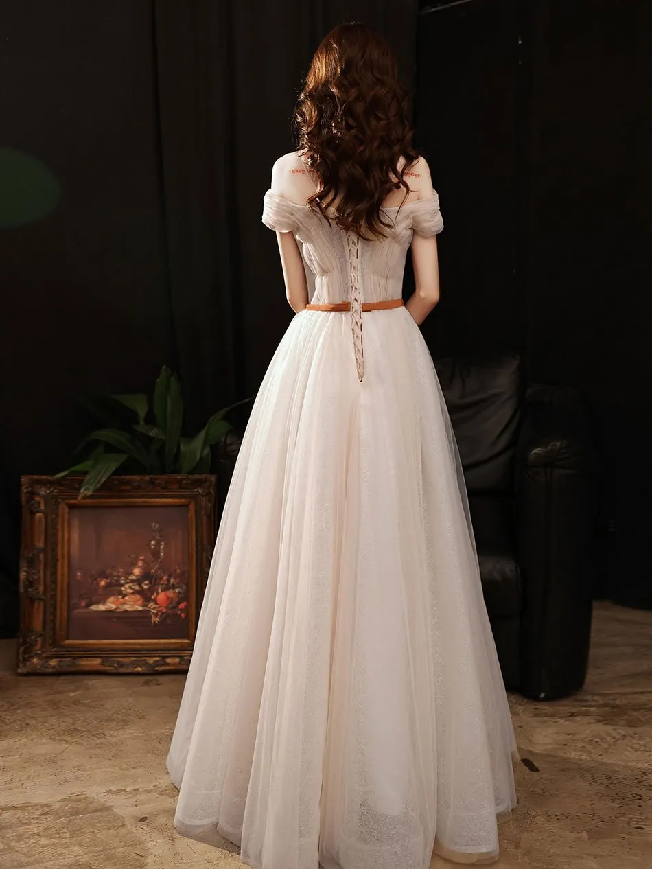 Champagne sweetheart tulle long prom dress, champagne evening dress