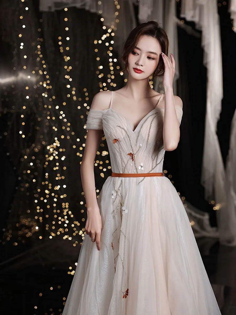 Champagne sweetheart tulle long prom dress, champagne evening dress