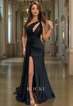 Chic & Modern One Shoulder Sleeveless Mermaid Split Satin Evening Party Prom Dress