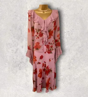 Chrystiano Long Pink Chiffon Floral Special Occasion Outfit UK 12 US 8 EU 40