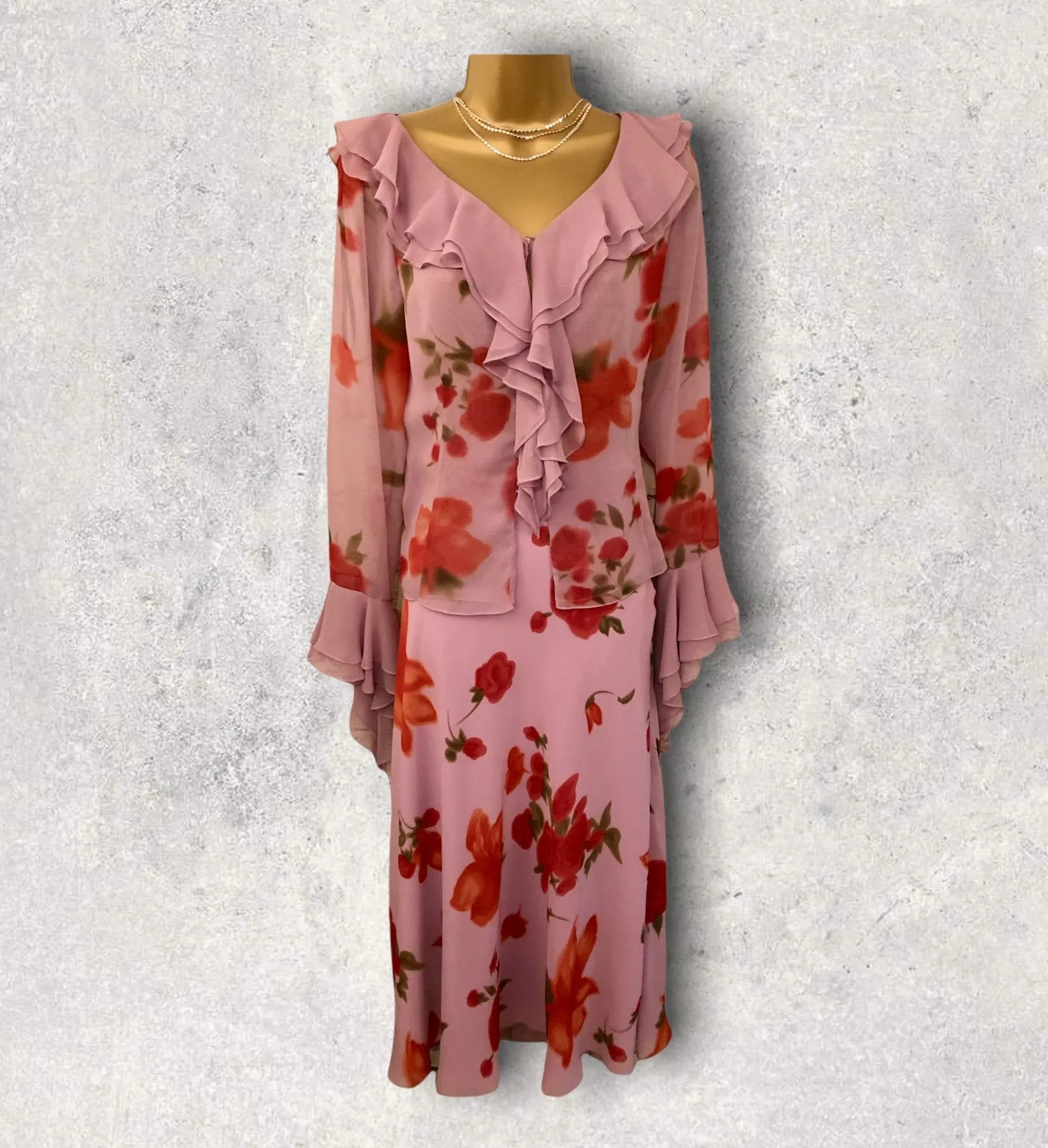 Chrystiano Long Pink Chiffon Floral Special Occasion Outfit UK 12 US 8 EU 40