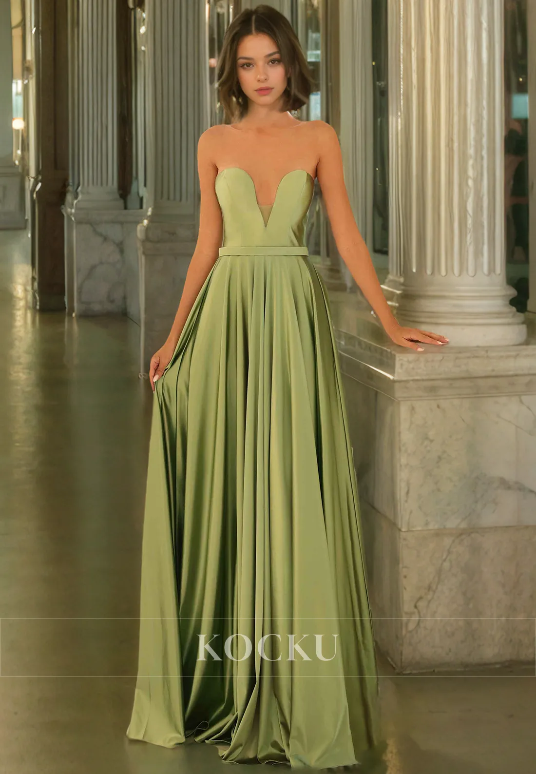 Classic Sheath V Neck Floor-Length Satin  Prom Dress