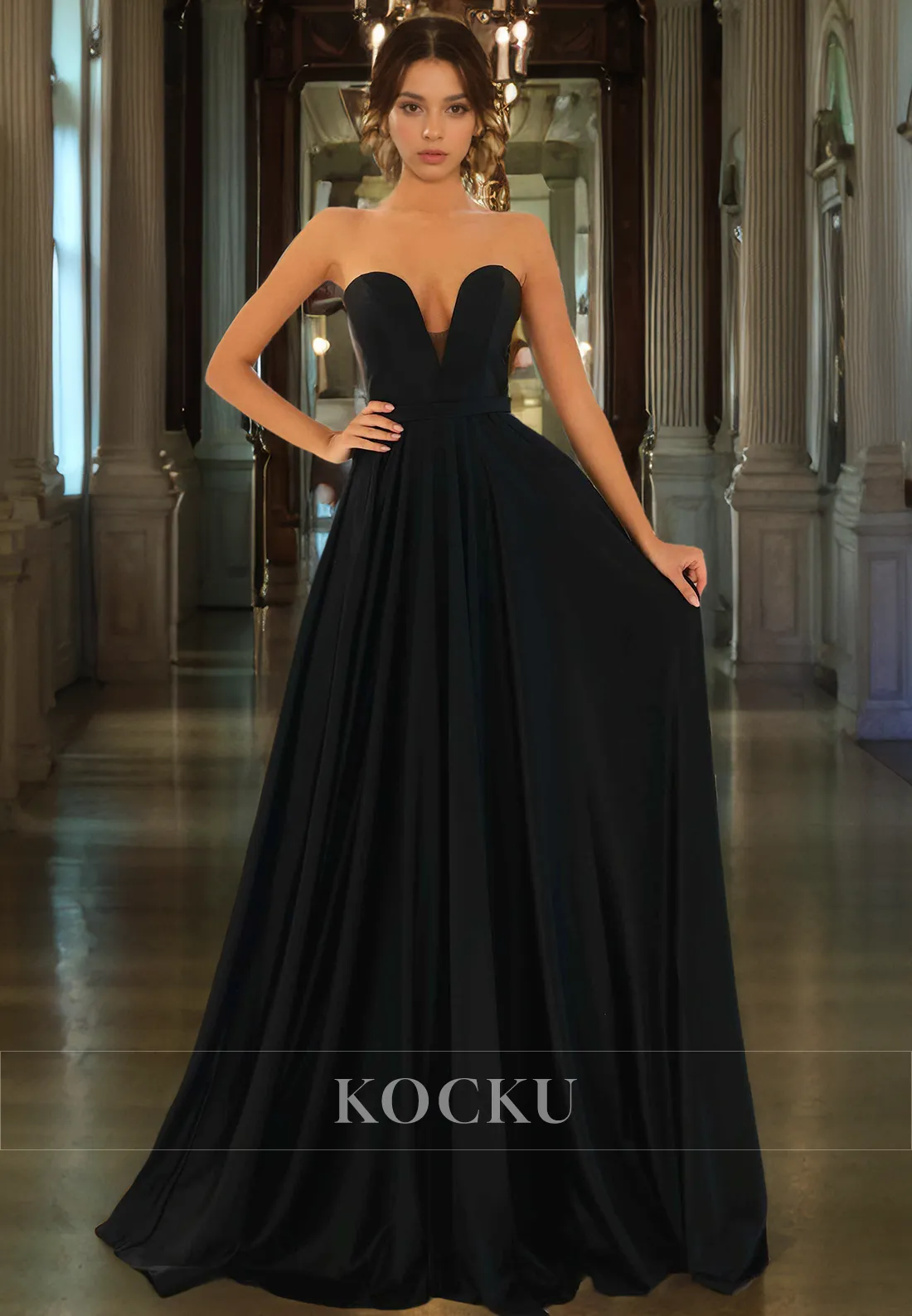 Classic Sheath V Neck Floor-Length Satin  Prom Dress