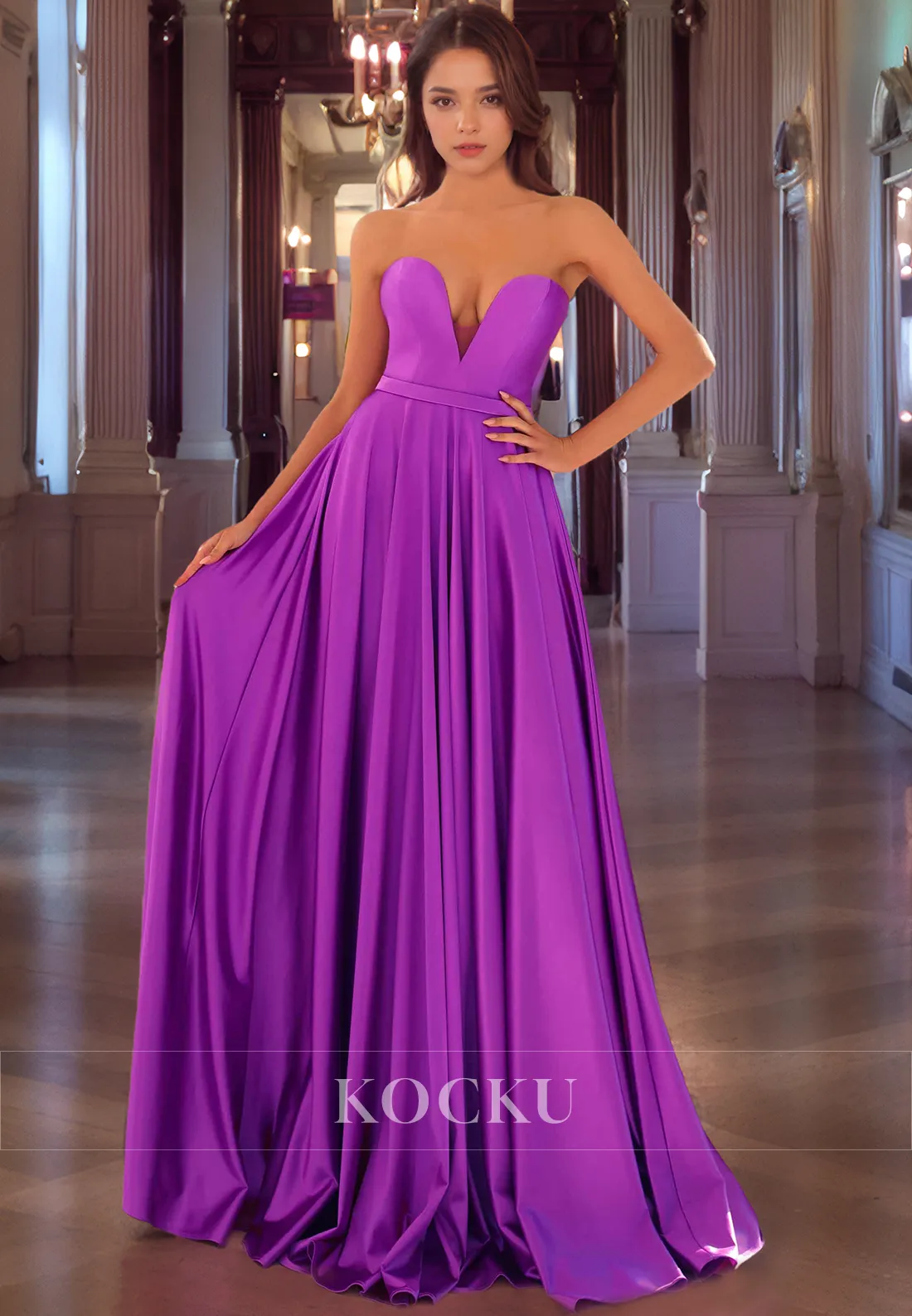 Classic Sheath V Neck Floor-Length Satin  Prom Dress