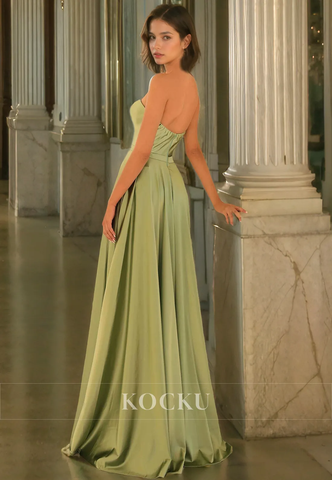 Classic Sheath V Neck Floor-Length Satin  Prom Dress