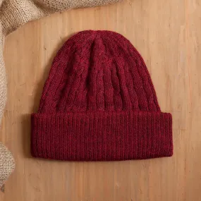 Comfy in Burgundy Cranberry Red 100% Alpaca Soft Cable Knit Hat from Peru