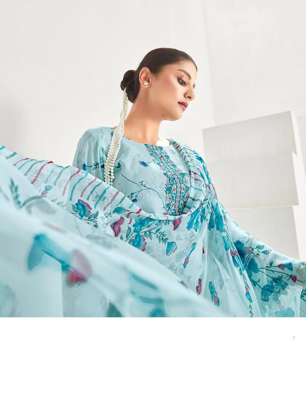 Cotton Blue Unstitched Suit Dress Material with Chiffon Dupatta