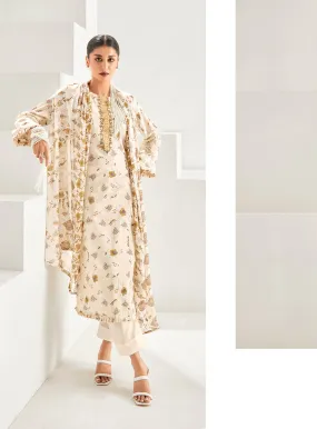 Cotton Off-White Unstitched Suit Dress Material with Chiffon Dupatta