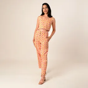 Cotton Pants For Women | High Waist Barrel | Floral Gingham | Pink & Orange