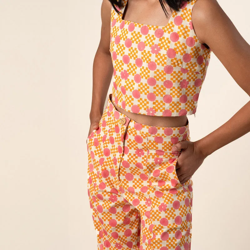 Cotton Pants For Women | High Waist Barrel | Floral Gingham | Pink & Orange