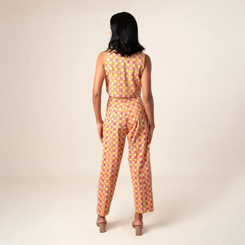 Cotton Pants For Women | High Waist Barrel | Floral Gingham | Pink & Orange