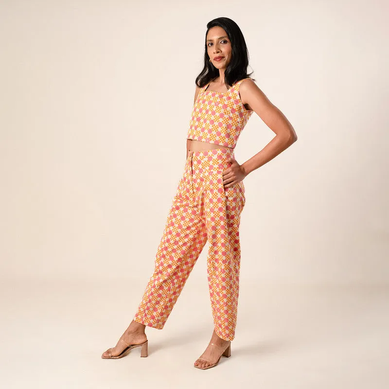 Cotton Pants For Women | High Waist Barrel | Floral Gingham | Pink & Orange