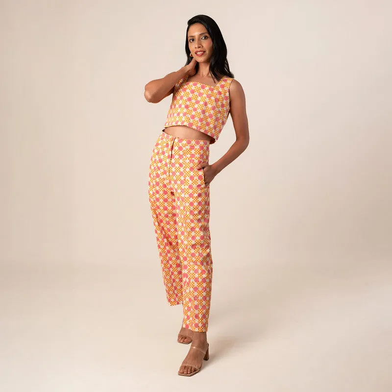 Cotton Pants For Women | High Waist Barrel | Floral Gingham | Pink & Orange