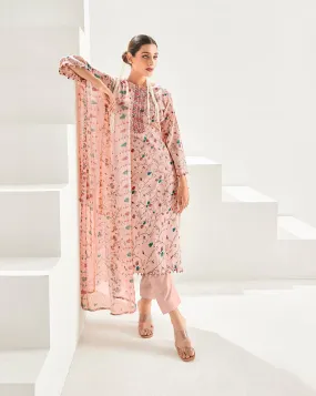 Cotton Peach Unstitched Suit Dress Material with Chiffon Dupatta