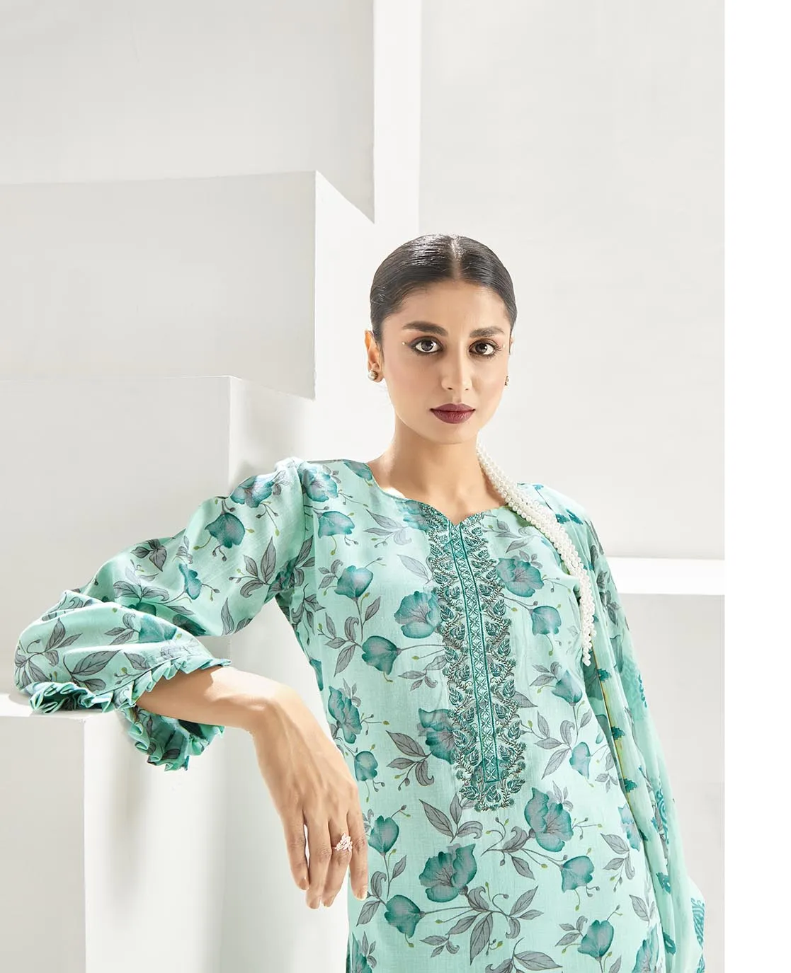 Cotton Teal Green Unstitched Women Suit Dress Material