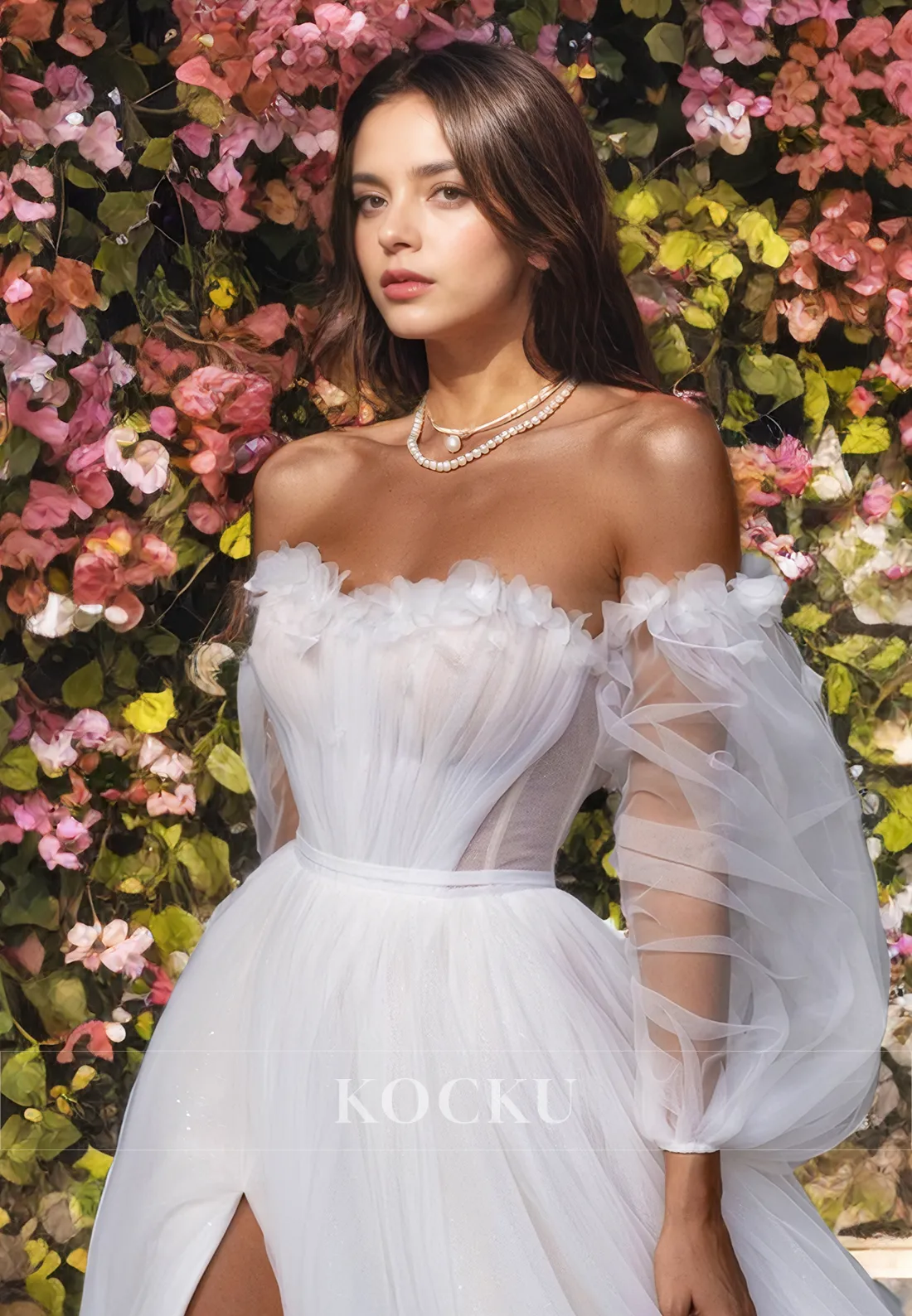 Couture & Ornate Off-Shoulder Long sleeves A-Line Split Tulle Wedding Dress