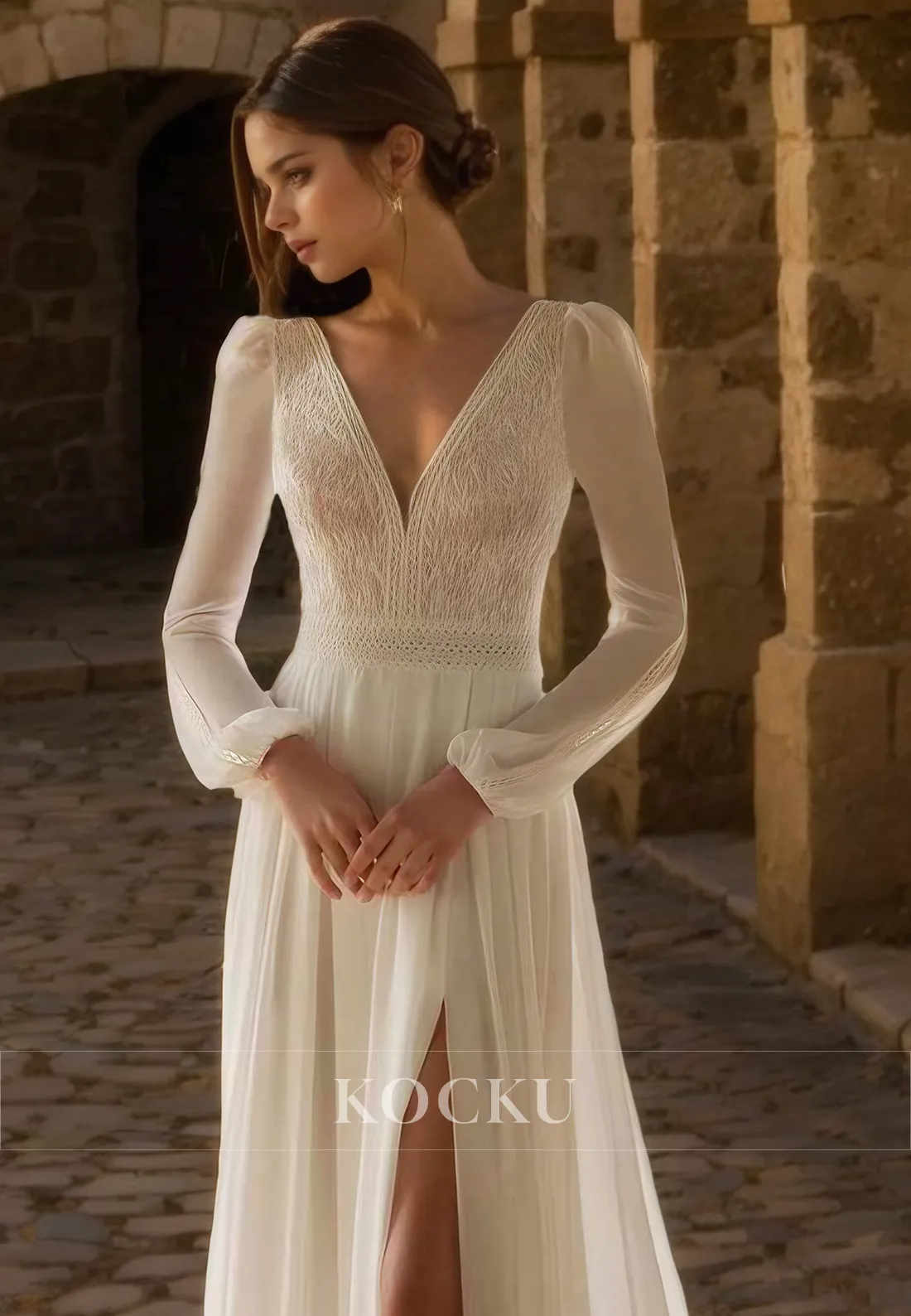 Couture & Ornate V-Neck Long sleeves A-Line Split Wedding Dress