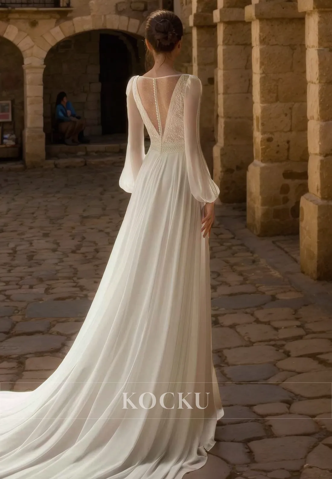 Couture & Ornate V-Neck Long sleeves A-Line Split Wedding Dress