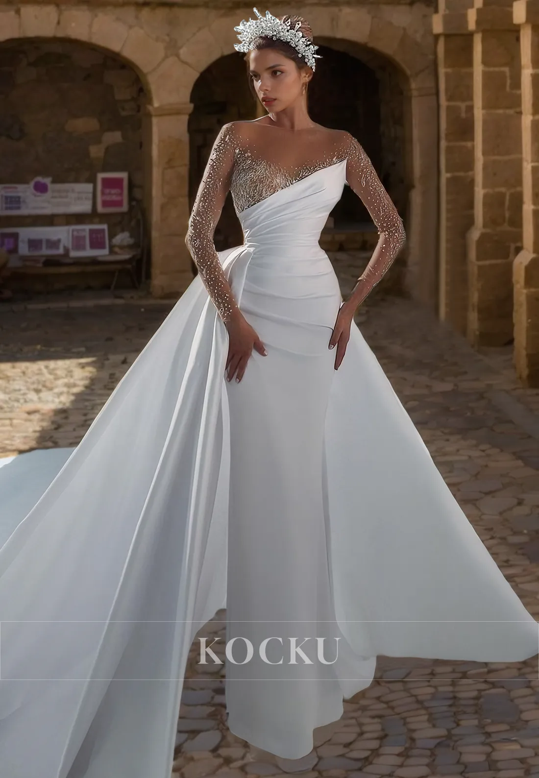 Couture & Ornate V-Neck Sheath Sleeveless Satin Wedding Dress