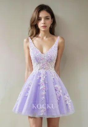 Couture & Ornate V-Neck Sleeveless Flower Appliques Party Homecoming Dress