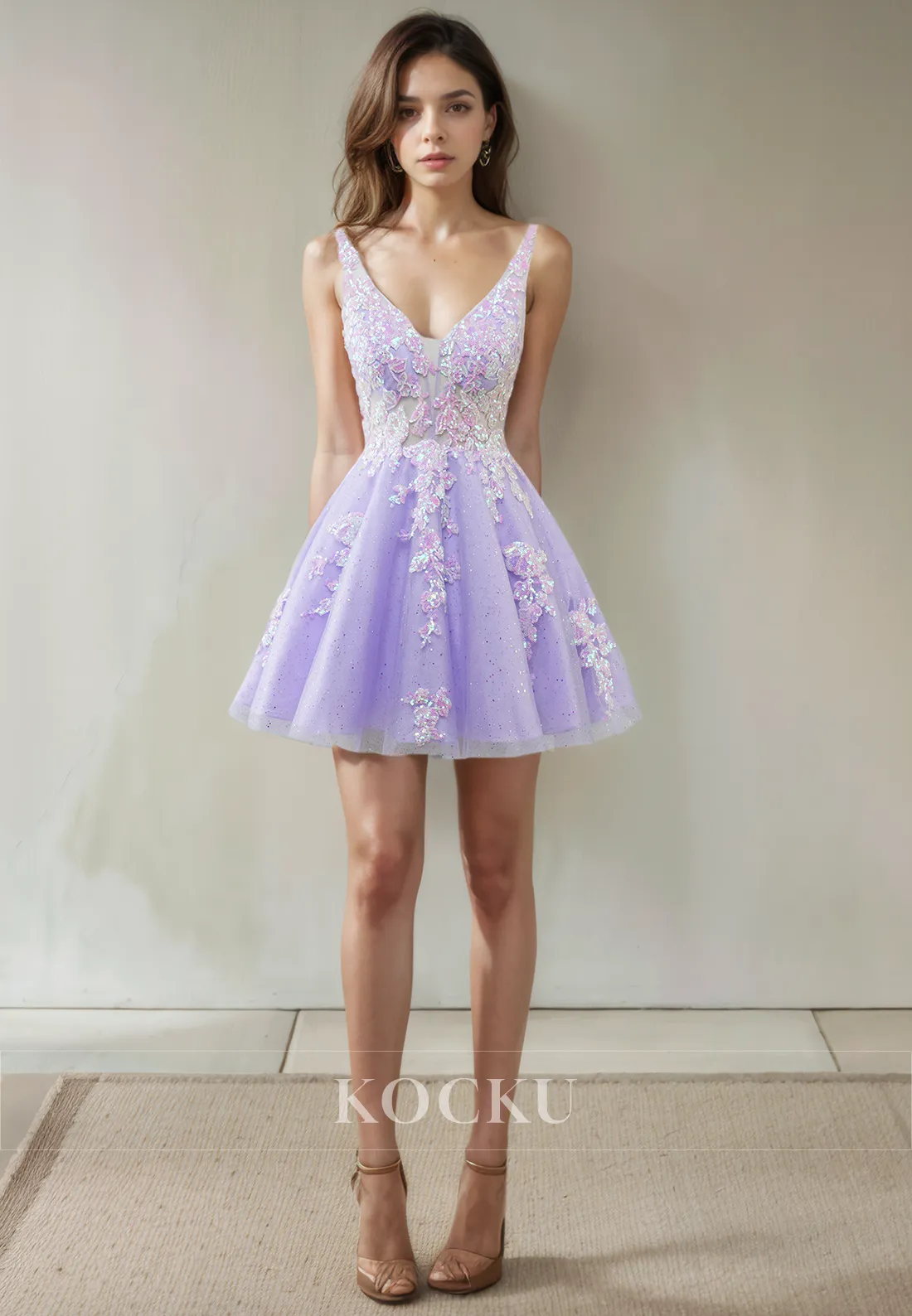 Couture & Ornate V-Neck Sleeveless Flower Appliques Party Homecoming Dress