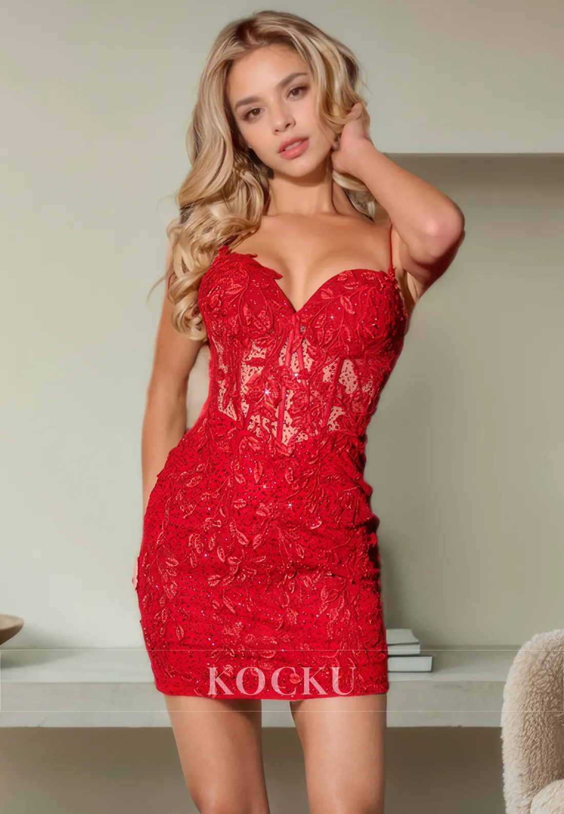 Couture & Ornate V-Neck Spaghetti Straps Sheath Appliques Party Homecoming Dress