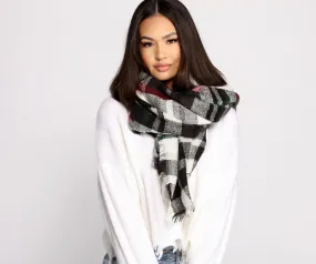 Cozy Cutie Plaid Frayed Blanket Scarf