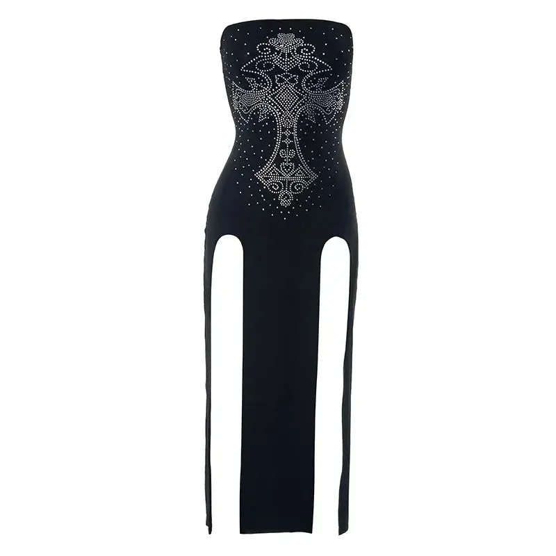 Cross Rhinestone Tube High Split Long Dresses for Women 2023 Summer Gothic Punk Y2k Sexy Black Dress P85-CE20