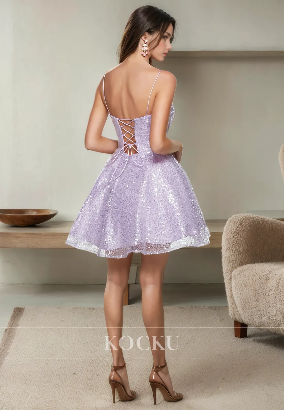 Cute & Charming Spaghetti Straps Sparkly A-Line V-Neck Party Homecoming Dress