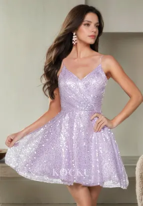 Cute & Charming Spaghetti Straps Sparkly A-Line V-Neck Party Homecoming Dress