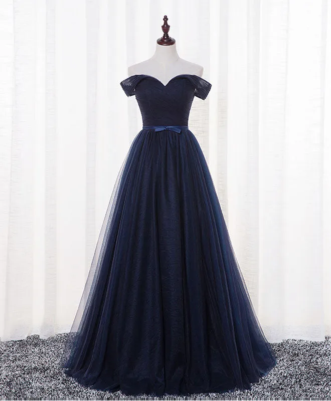 Dark Blue A Line Tulle Long Prom Dress, Evening Dress