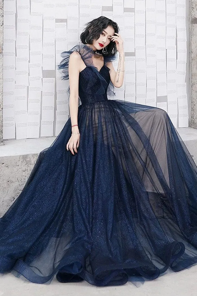 Dark blue sweetheart tulle long prom dress blue tulle formal dress