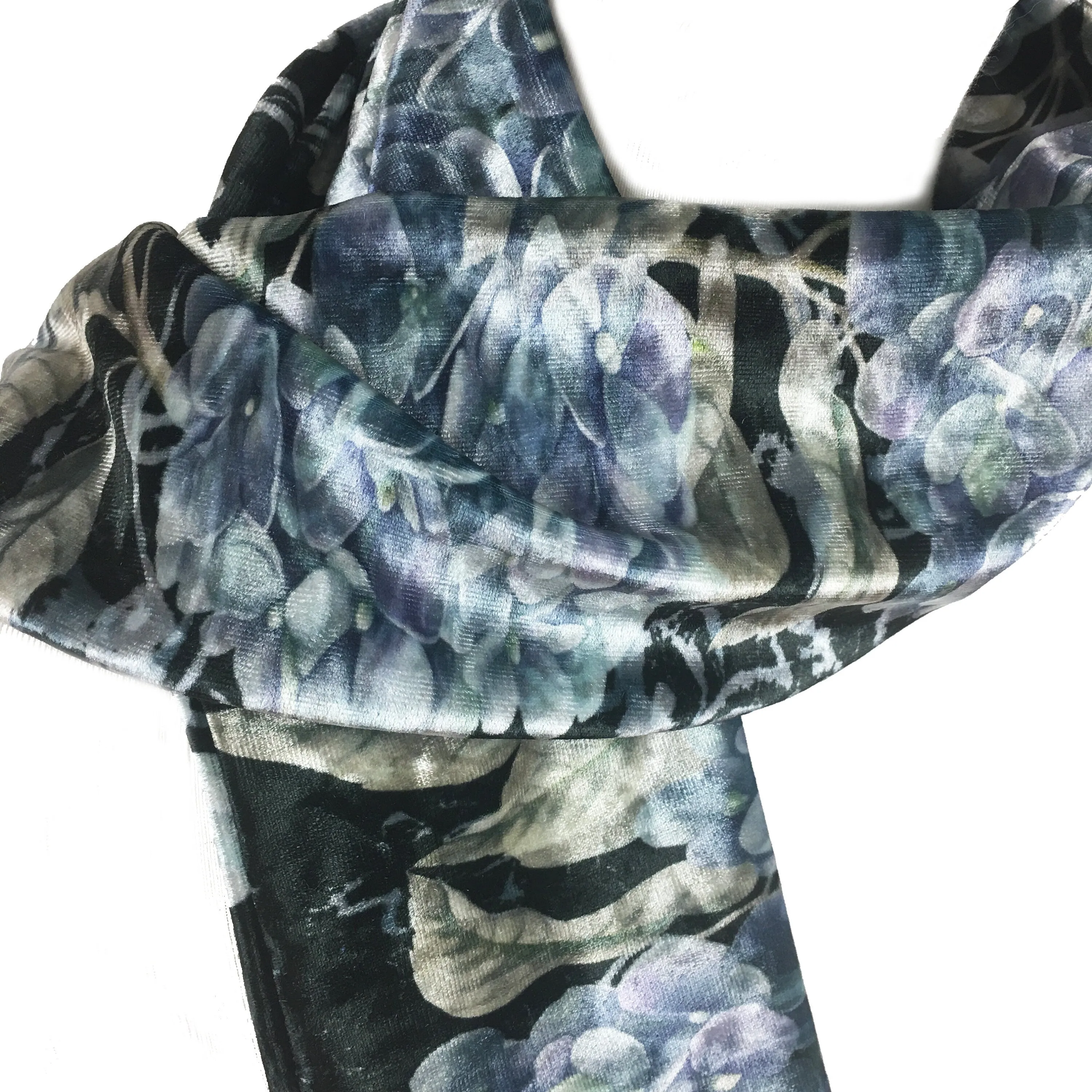 Denim Blue Hydrangea Velour Scarf, Womans Scarf, All season, Luminous Scarf, hand painted scarf, artist scarf, Wear all day or evening