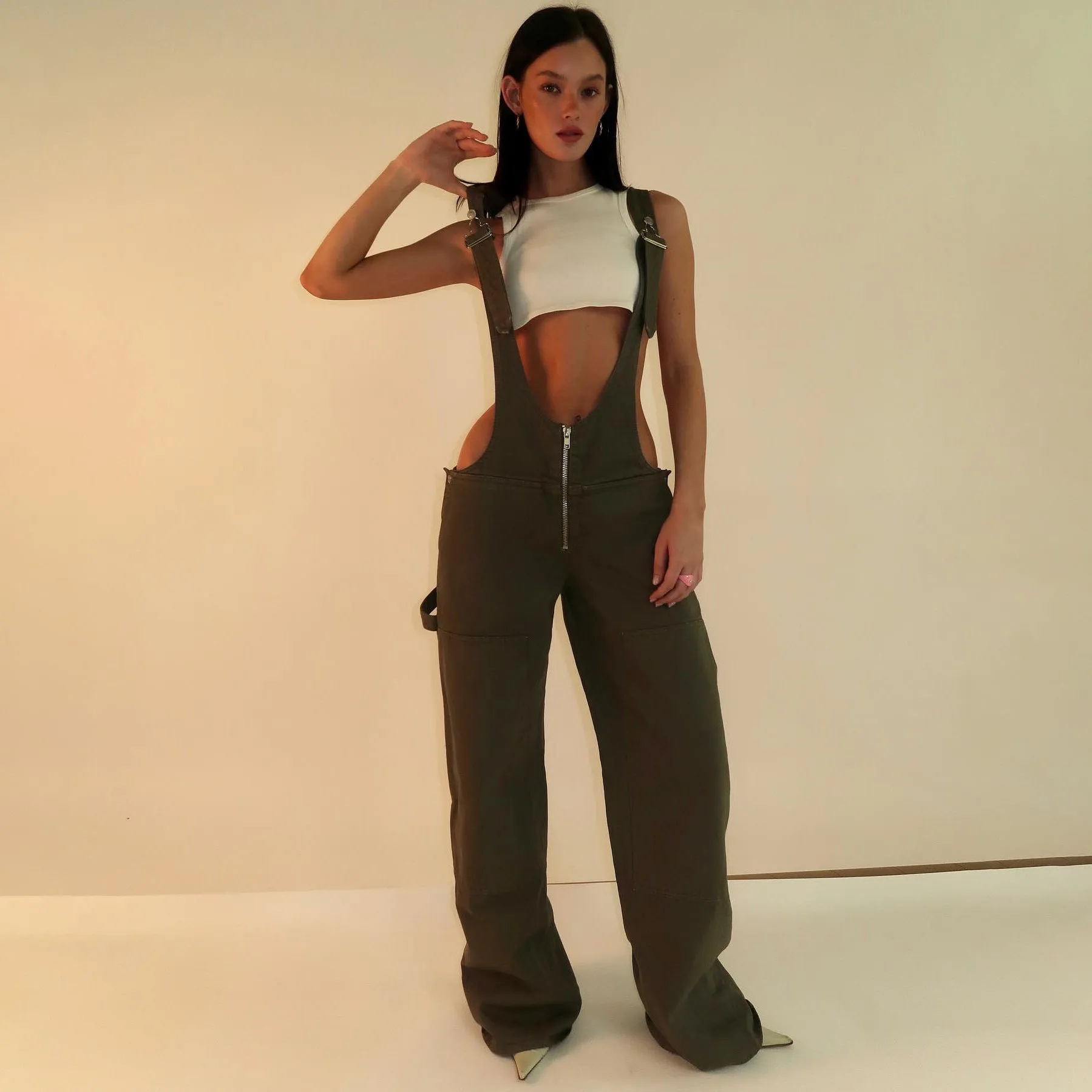 Denim Overalls With Pockets Fashion Loose Jumpsuit Streetwear Zipper Jeans Pants