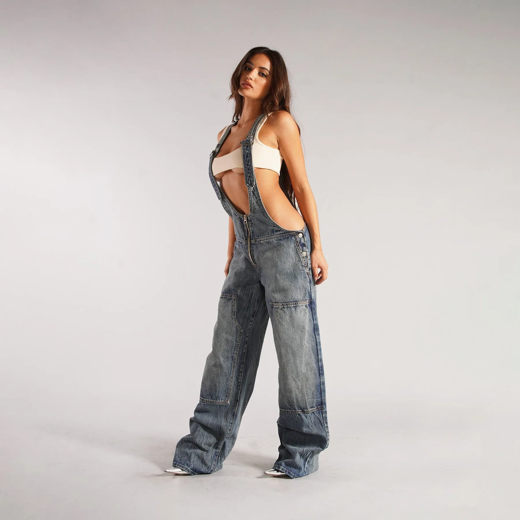 Denim Overalls With Pockets Fashion Loose Jumpsuit Streetwear Zipper Jeans Pants