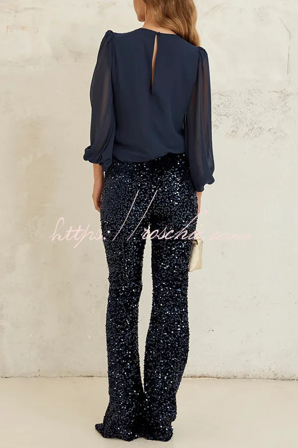 Diva Velvet Sequin High Rise Elastic Waist Flare Pants