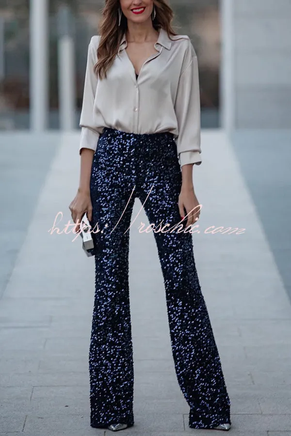 Diva Velvet Sequin High Rise Elastic Waist Flare Pants