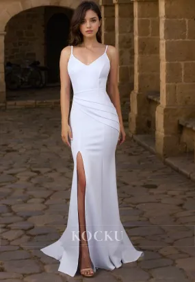 Elegant & Simple Spaghetti Straps V-Neck Mermaid Split Backless Wedding Dress