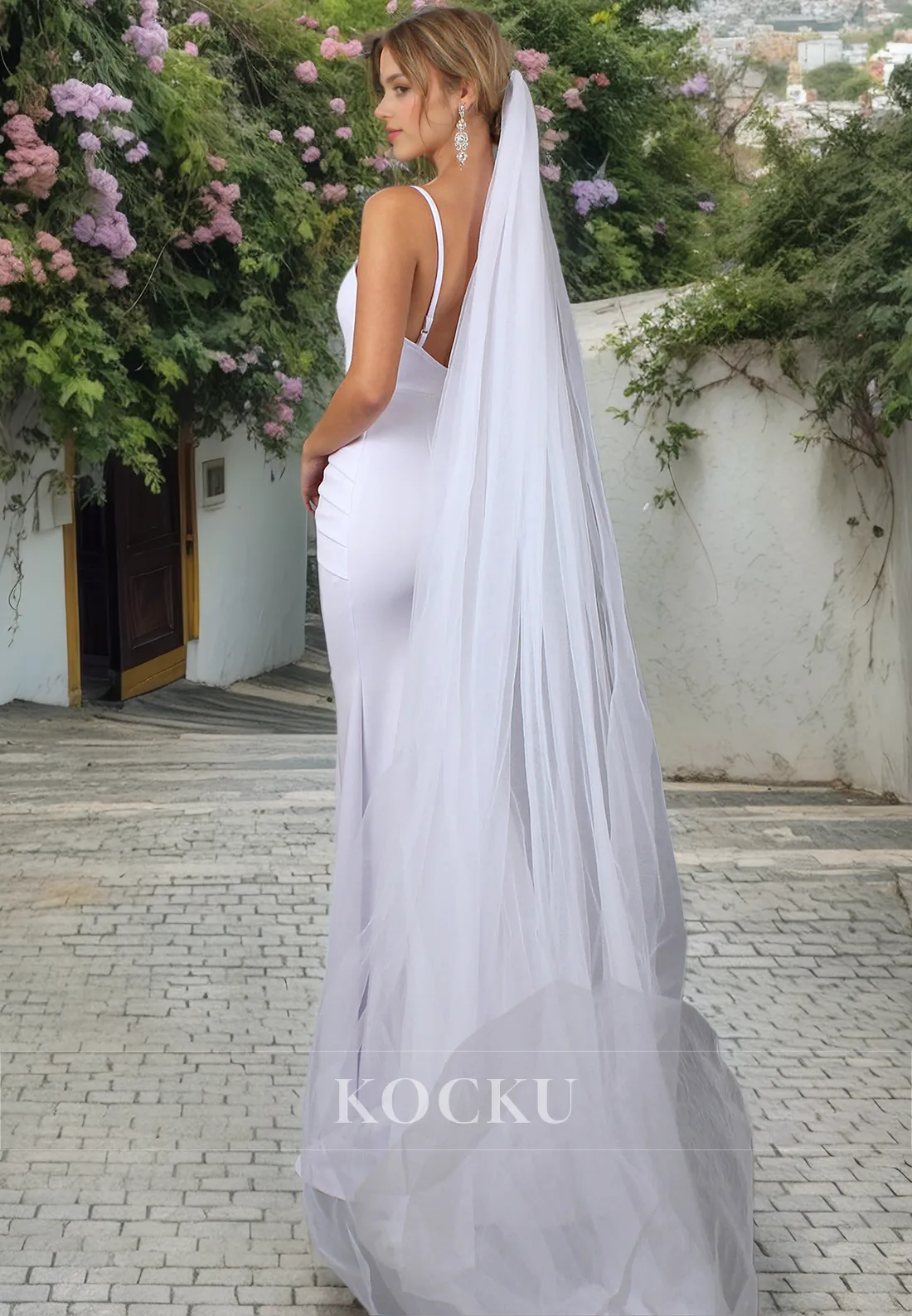 Elegant & Simple Spaghetti Straps V-Neck Mermaid Split Backless Wedding Dress